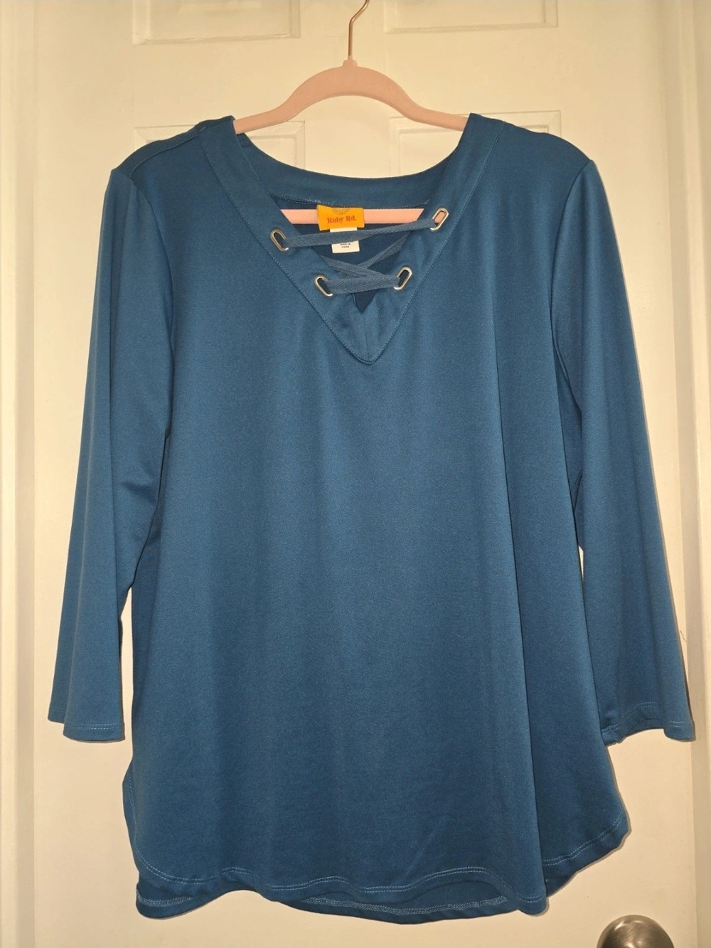 Ruby Rd. Teal Lace-Up V-Neck Long Sleeve Top